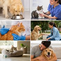Collage de cuidados para perros y gatos con alimentación saludable, veterinario, vacunas, bienestar animal, hogar seguro y atención responsable de mascotas.