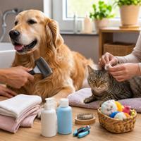 Perro y gato recibiendo cuidados de higiene, cepillado del pelaje, limpieza de oídos y accesorios para mascotas en un hogar