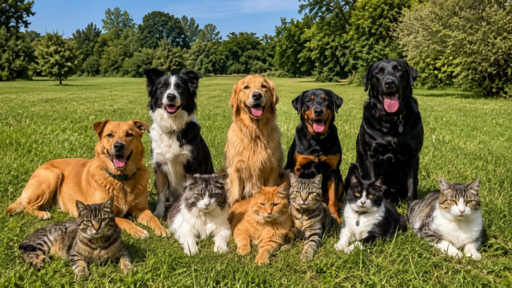 Imagen de un grupo de perros y gatos en un campo abierto