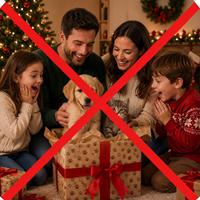 Familia en Navidad recibiendo un perro y un gato como regalo, imagen tachada con una cruz roja que advierte sobre la adopción impulsiva de mascotas durante las fiestas navideñas.