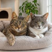 Gatos adultos y senior tranquilos descansando en un hogar acogedor, opción ideal para adopción responsable, compañía cariñosa y convivencia fácil para familias y personas mayores