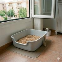 Caja de arena para gatos abierta con pellets de madera, sobre una alfombrilla en un apartamento