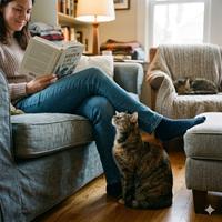 Mujer joven leyendo tranquilamente en un sofá acogedor mientras un gato atigrado la mira con atención, creando un vínculo emocional y doméstico lleno de paz en el hogar.