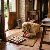 Perro Golden Retriever jugando con un juguete interactivo tipo Kong y un tablero de olfato para estimular su mente en casa.