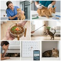 Collage de 6 imágenes que muestra un plan integral de salud felina: examen veterinario con estetoscopio, inyección de vacuna y desparasitante, tazón de comida premium con salmón, gato jugando con varita de plumas, gato escondido debajo del sofá y calendario con recordatorio de cita.