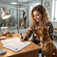 Mujer firmando contrato de adopción de perro mestizo en un refugio de animales, con el perro a su lado y jaulas de fondo.