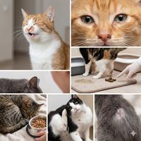 Colage de imágenes veterinarias que muestra síntomas de enfermedad en gatos: un gato estornudando, secreción ocular, diarrea y excrementos en un tapete, náuseas, falta de apetito (gato ignorando comida), picazón excesiva con parches rojos y caída de pelo (alopecia) con costras. Ideal para una guía de salud felina.