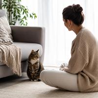 Persona sentada cerca de un gato recién adoptado mientras este observa su nuevo hogar con calma, fomentando confianza y adaptación