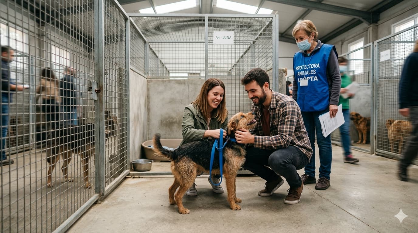 Persona conociendo a un perro rescatado en una protectora de animales, destacando el proceso de adopción responsable y la búsqueda de un nuevo hogar para perros necesitados.
