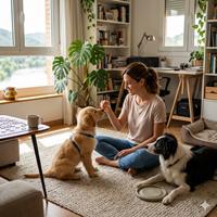 Joven dedicando tiempo a entrenar y jugar con su cachorro en casa, demostrando la importancia de la disponibilidad de tiempo para la educación positiva y el desarrollo de un perro joven.