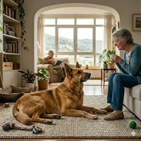 Perro adulto educado y tranquilo relajado en casa junto a sus dueños, representando la elección ideal para quienes buscan una mascota con personalidad definida y normas de comportamiento ya aprendidas.