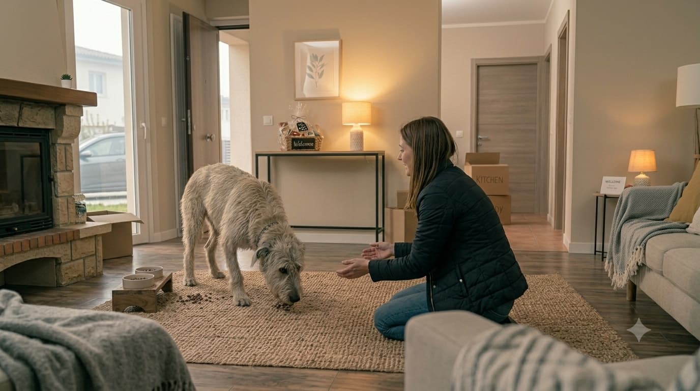Mujer adoptando perro rescatado en su nuevo hogar, mostrando paciencia y espacio para ayudar al perro a adaptarse y generar confianza.