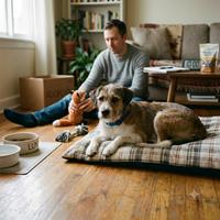 Perro mestizo adoptado de tamaño mediano con collar azul descansando en una cama de cuadros en un salón acogedor, con su dueño y una caja de adopción al fondo. Imagen de alta calidad.