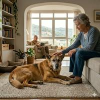 Perro senior muy tranquilo y agradecido descansando plácidamente junto a su dueña, la opción perfecta para quienes buscan calma absoluta, compañía leal y un vínculo especial en casa.