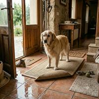 Perro senior parado sobre una alfombra antideslizante en un suelo de baldosa brillante, evitando resbalones y protegiendo sus articulaciones de lesiones.