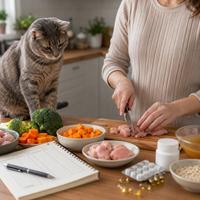 Preparación de comida casera para gatos con ingredientes frescos, planificación nutricional felina y riesgo de dieta desequilibrada.