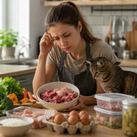 Preparación de comida cruda para gatos con ingredientes frescos, destacando riesgos de contaminación, equilibrio nutricional y cuidados en la alimentación felina