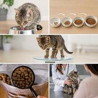 Collage de cuidados y alimentación saludable para gatos con hidratación, control de raciones, revisión de ingredientes, manejo del peso y consulta veterinaria para una nutrición felina equilibrada.