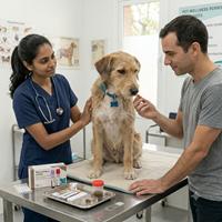 Dueño premiando con snacks a su perro durante la consulta veterinaria para mantenerlo tranquilo y relajado ante el chequeo médico.