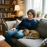 Mujer madura disfrutando de un momento de calma y paz mientras acaricia a su gato relajado en el sofá, reflejando el impacto positivo de las mascotas en la salud mental