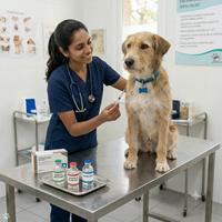 Veterinaria aplicando vacunas esenciales a un perro en consulta: incluye moquillo, parvovirus y hepatitis para asegurar la inmunización correcta y el seguimiento del calendario vacunal del cachorro.