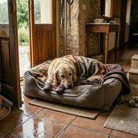 Perro senior descansando cómodamente sobre una cama ortopédica terapéutica, abrigado con una manta extra para mantener el calor y aliviar sus articulaciones.