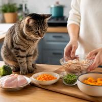 Gato observando la preparación de comida casera para gatos con ingredientes frescos y dieta natural felina equilibrada.