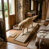 Perro mayor de raza Golden Retriever subiendo con cuidado a un sofá utilizando una rampa antideslizante para mejorar su movilidad y salud articular.