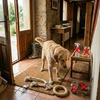 Perro Golden Retriever evitando productos de limpieza, cables eléctricos y objetos pequeños peligrosos en casa, marcados con cruces rojas por seguridad.