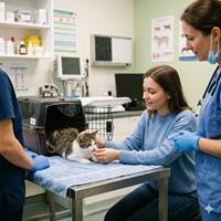 Propietaria calmando a su gato en la clínica veterinaria con premios y caricias mientras sale del transportín, promoviendo una visita sin estrés para la mascota.