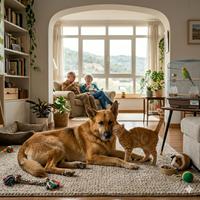 Perro amistoso conviviendo pacíficamente con un gato y otros animales domésticos, ideal para dueños que buscan mascotas con alta capacidad de socialización y buen comportamiento animal.