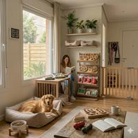 Perro golden retriever relajado en su cama en un hogar adaptado, con juguetes interactivos, rutinas visibles y barreras de seguridad para un ambiente tranquilo.