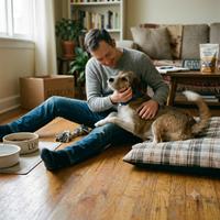 Dueño acariciando a su perro adoptado en casa, reflejando un momento de conexión y confianza mutua tras crear un vínculo afectivo sólido y feliz en el nuevo hogar.