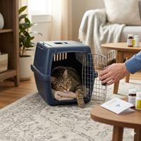 Gato descansando tranquilo dentro de su transportín en casa tras una visita al veterinario, junto a medicamentos y prescripción médica sobre una mesa, promoviendo el cuidado post-consulta.