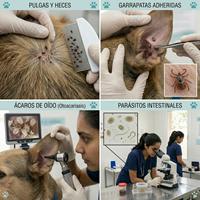 Panel informativo veterinario sobre detección de parásitos en perros: muestra el uso de peine para pulgas, extracción de garrapatas, diagnóstico de ácaros en oídos mediante otoscopio y análisis microscópico de parásitos intestinales.