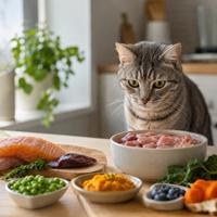 Gato observando alimento natural elaborado con ingredientes frescos y de alta calidad, nutrición felina saludable para una mejor digestión, vitalidad y pelaje brillante.