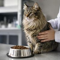 Gato saludable junto a alimento de dieta veterinaria terapéutica recomendado por especialistas para mejorar la salud digestiva, urinaria y la calidad de vida felina.