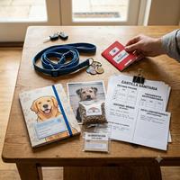 Kit esencial de documentos y accesorios para la primera visita al veterinario de un perro adoptado: incluye cartilla sanitaria, historial médico, registro de vacunas, información sobre alimentación y datos de comportamiento para una consulta completa.