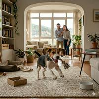 Pareja joven jugando alegremente con un cachorro lleno de energía en un salón luminoso, ideal para guías sobre adiestramiento positivo y cuidados básicos para perros jóvenes.
