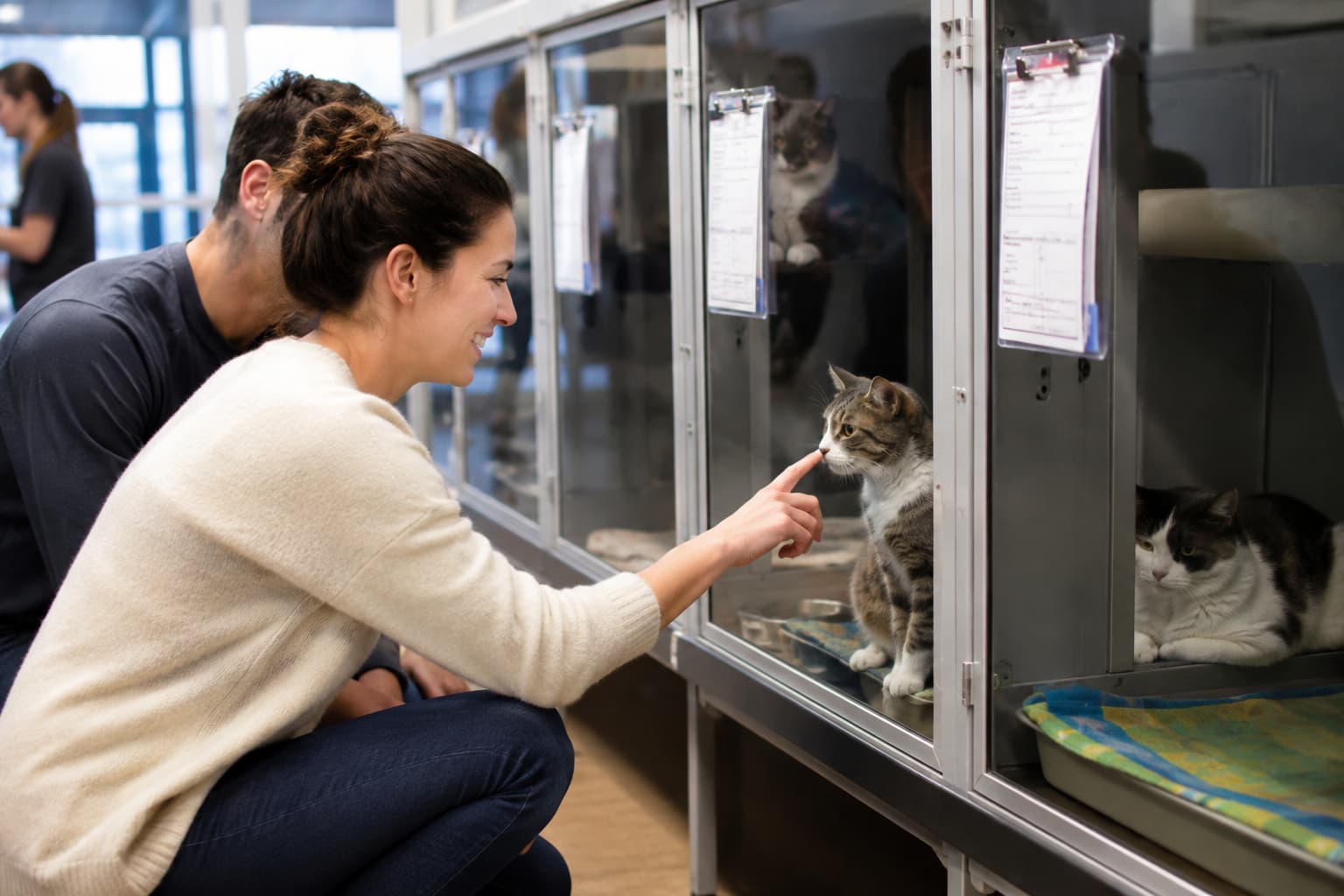 Persona eligiendo un gato para adoptar en refugio de animales