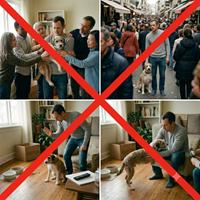 Collage de situaciones a evitar al adoptar un perro, como el exceso de visitas, lugares concurridos, castigos por miedo o forzar interacciones, para garantizar una adaptación saludable en el nuevo hogar.