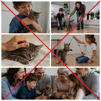 Errores al adoptar un gato: collage realista mostrando coger al gato, acariciarlo, jugar con él, enseñarle toda la casa y presentarlo a la familia el primer día, acciones tachadas con una cruz roja durante la adaptación de un gato nuevo al hogar.