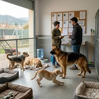 Refugio de animales donde adoptantes consultan con expertos el comportamiento, nivel de energía y socialización de diferentes perros antes de realizar una adopción responsable y segura.