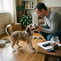 Dueño jugando alegremente con su perro adoptado en el salón de casa, utilizando refuerzo positivo para fortalecer el vínculo afectivo y construir una relación de confianza mutua.