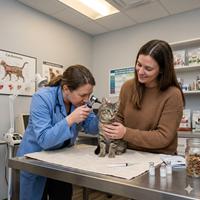 Veterinaria realiza examen de oído a gatito en clínica, con la dueña presente y vacunas visibles, asegurando salud felina