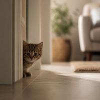Gato adoptado observando su nuevo hogar durante la adaptación