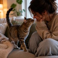 Gato adoptado acercándose a su dueña en el sofá por primera vez