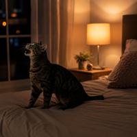 Gato recién adoptado maullando durante su primera noche en casa, una conducta habitual mientras se adapta a su nuevo entorno