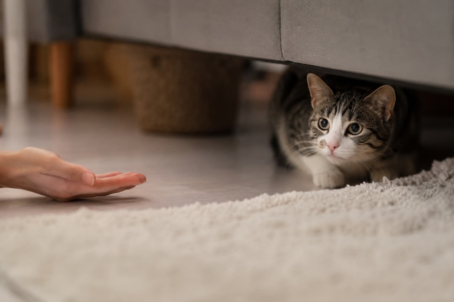 Gato adoptado de protectora escondido bajo el sofá durante sus primeros días en casa, adaptación felina, confianza y bienestar animal.