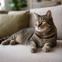 Gato adulto tranquilo descansando en un hogar acogedor, mascota cariñosa con personalidad definida, ideal para adopción responsable y convivencia familiar.